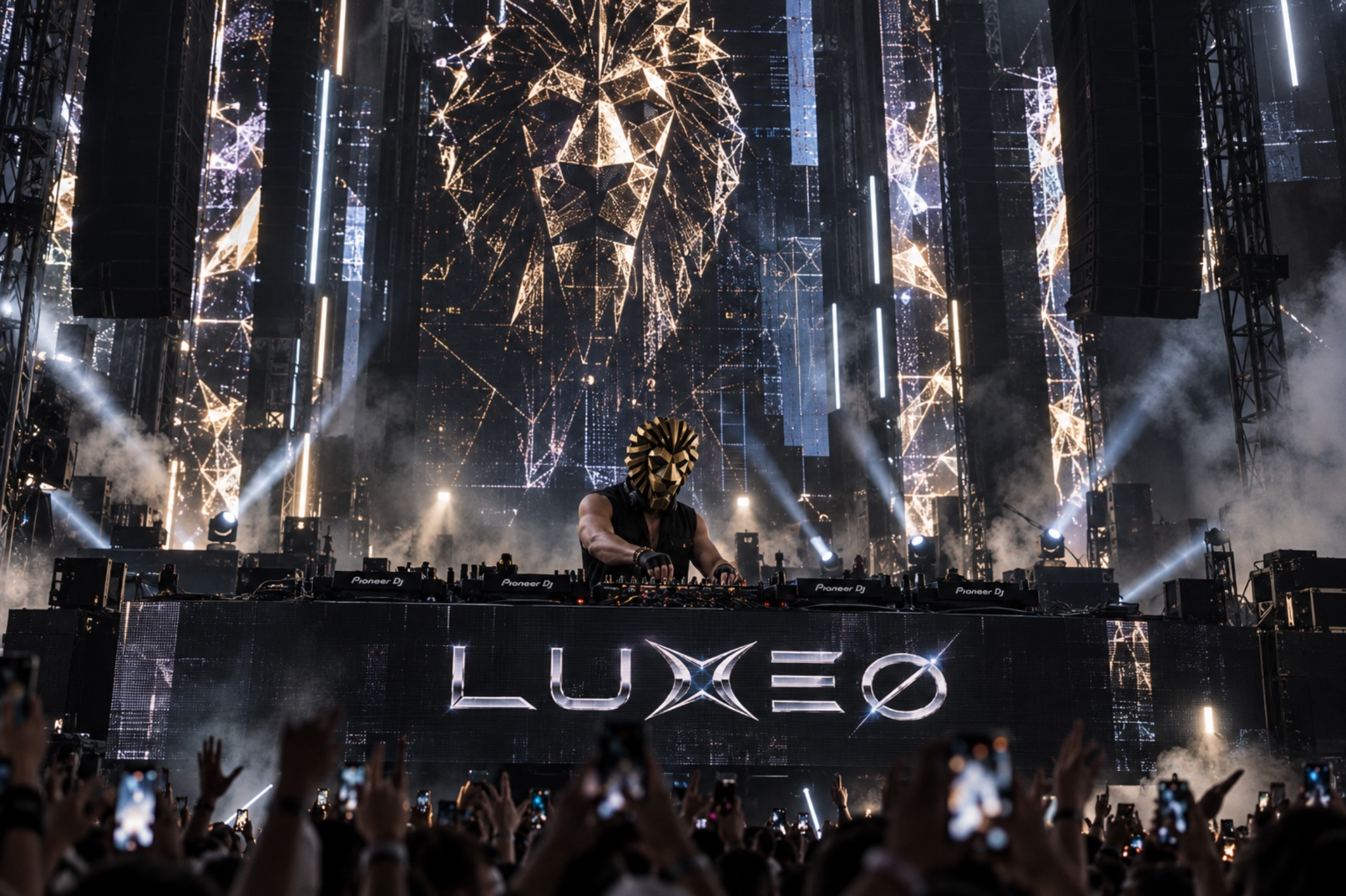 LUXEØ performing beneath a monumental illuminated lion stage installation