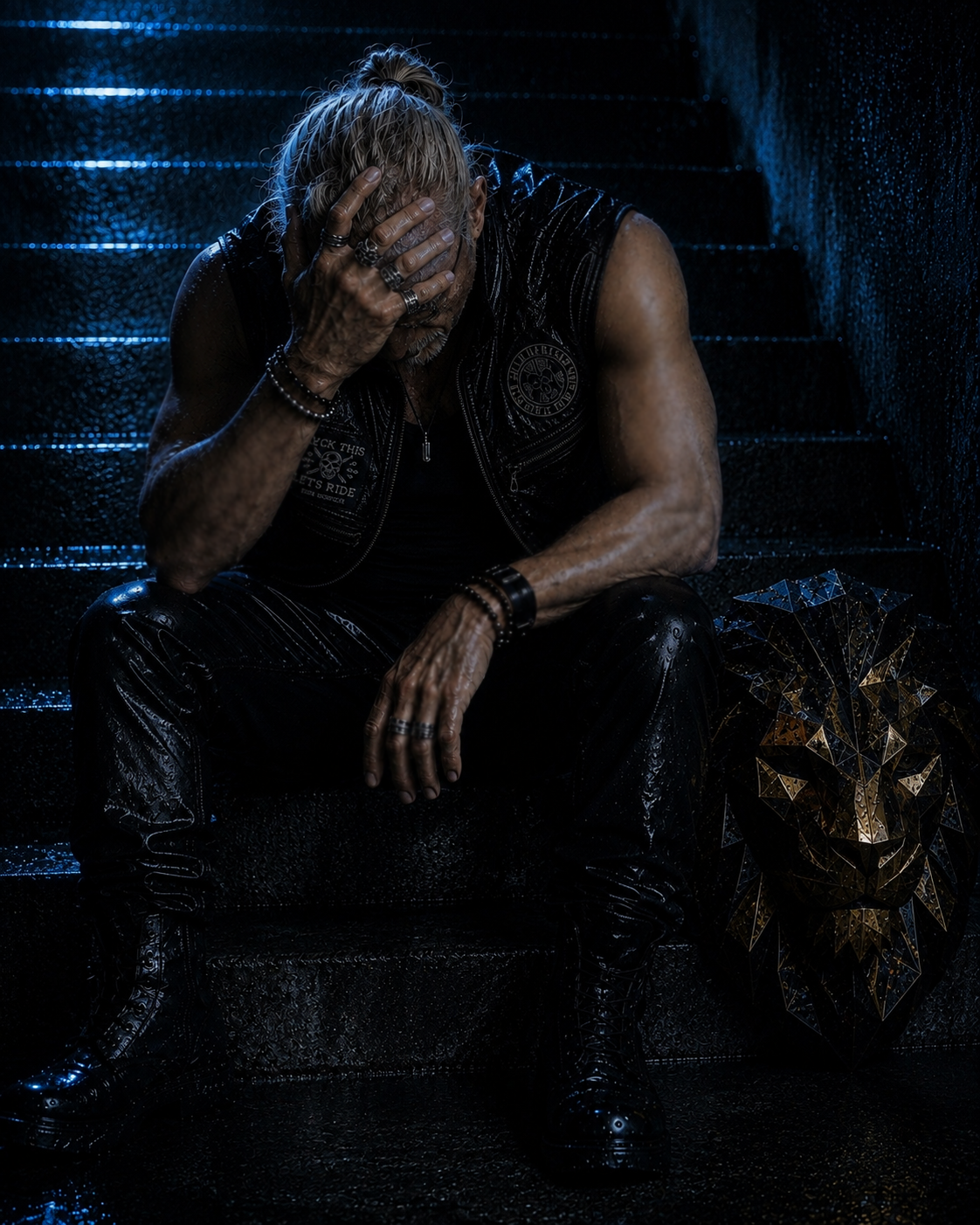 LUXEØ wearing his sculptural lion mask