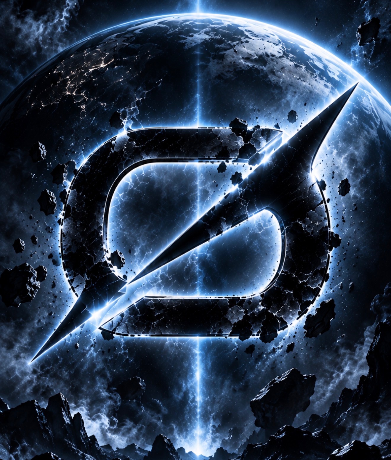 The fractured Ø symbol above a slate-blue planet, surrounded by cosmic debris